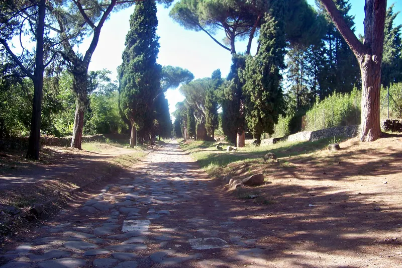 The basalt paving of the Via Appia Antica running between pine trees and Roman tombs
