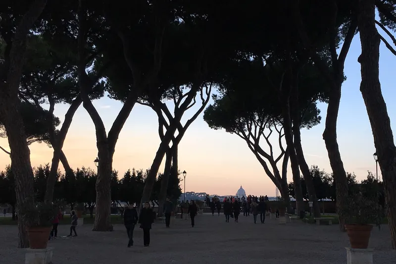Orange trees and gravel paths in the Giardino degli Aranci on the Aventine Hill
