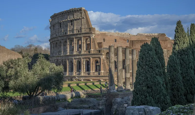 The Colosseum seen across the ruins of the Roman Forum