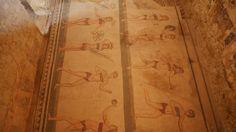 The 'bikini girls' mosaic floor at the Villa Romana del Casale