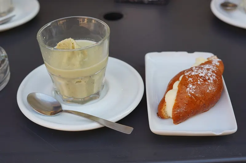 Granita and brioche served for breakfast in Lipari