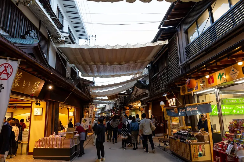 Traditional shopfronts along Miyajima's old town street