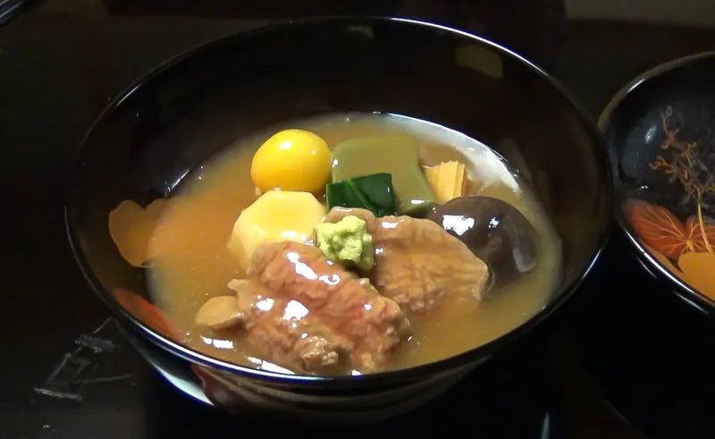 Jibuni, duck simmered in a thickened broth with vegetables