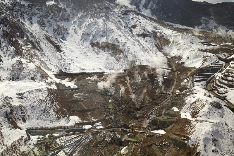 The Owakudani valley seen from the Hakone Ropeway cable car