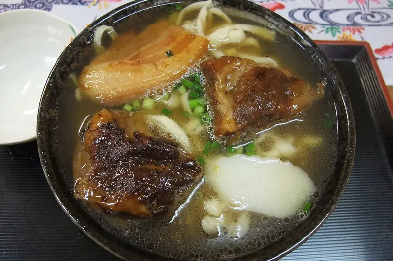 Okinawa soba topped with stewed pork belly
