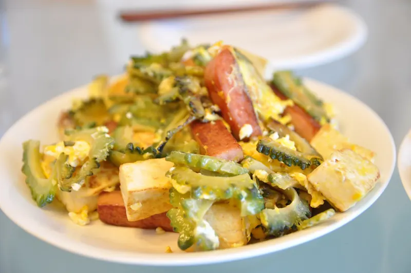 Goya champuru, a stir-fry of bitter melon, tofu, egg and pork