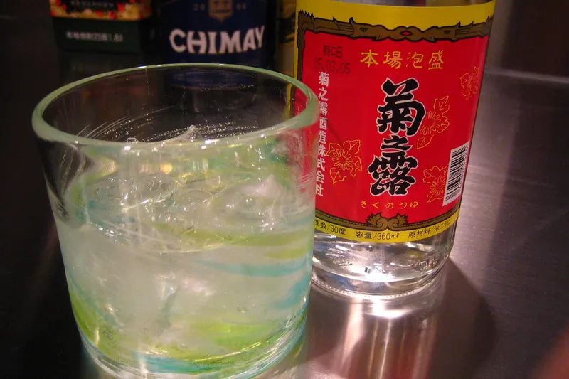 A bottle of Kikunotsuyu awamori, Okinawa's distilled rice spirit