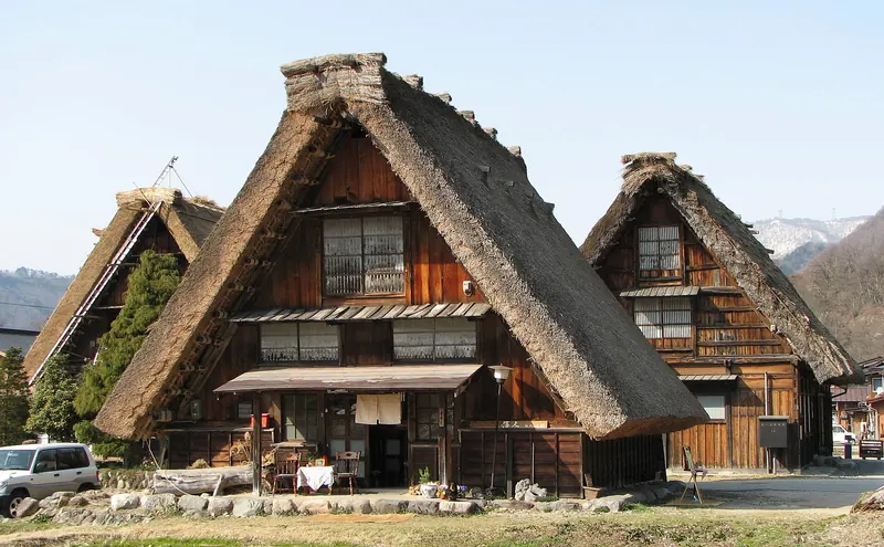 A steep thatched-roof gassho-zukuri farmhouse in Shirakawa-go