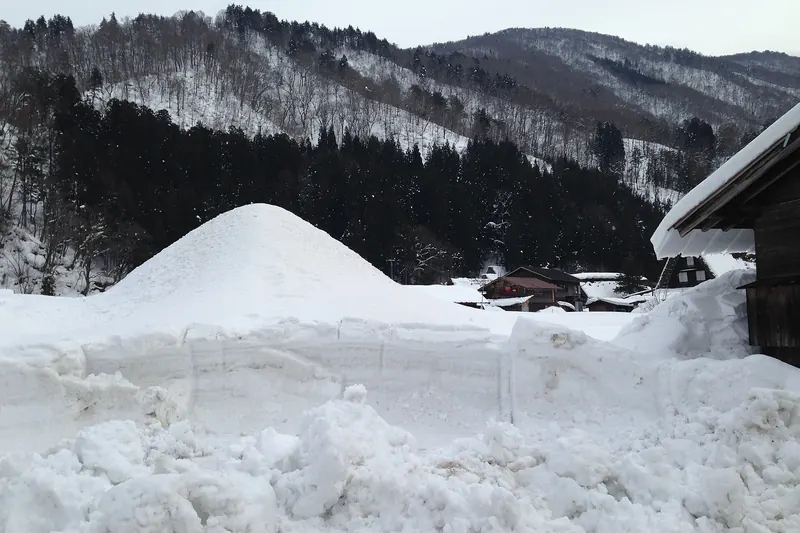 Shirakawa-go's thatched-roof gassho-zukuri farmhouses beneath the mountains