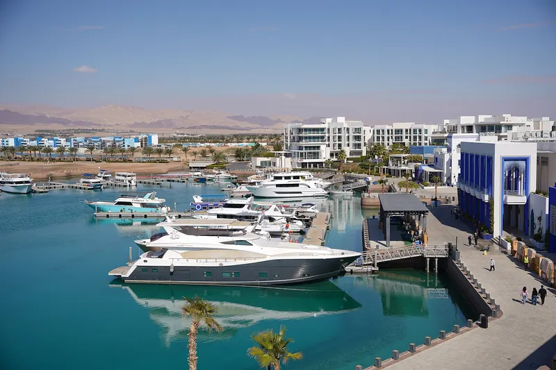 Boats moored in the marina at Aqaba on the Red Sea