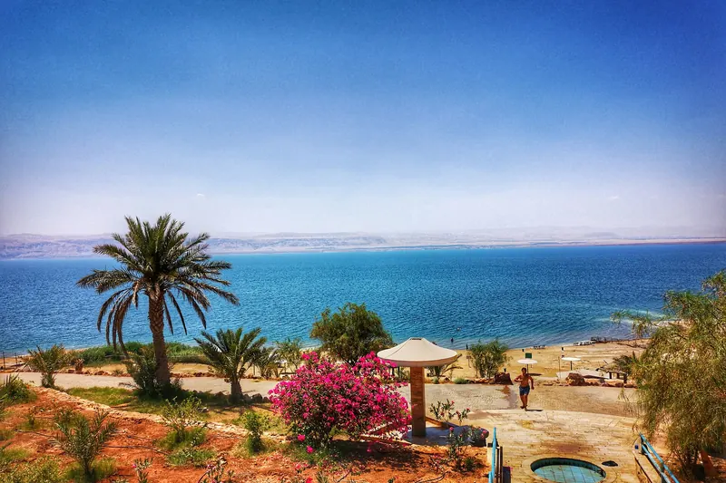 A public beach on the Jordanian shore of the Dead Sea