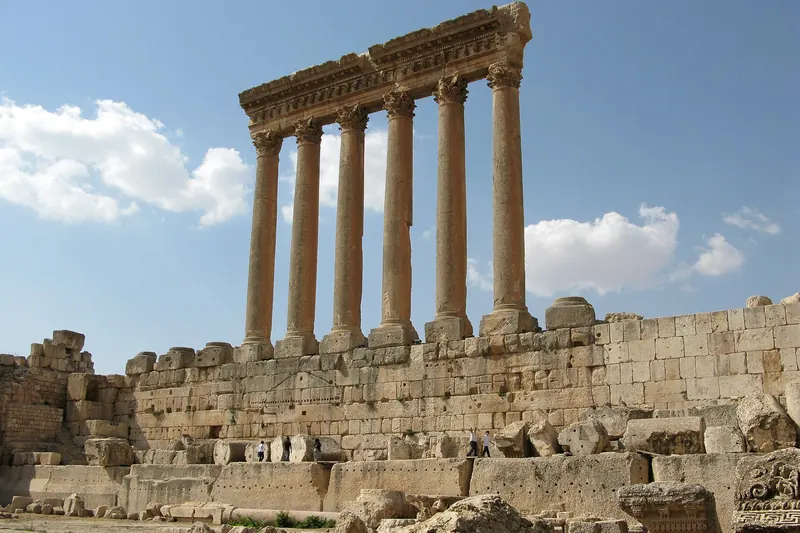 The giant columns of the Temple of Jupiter at Baalbek against the sky