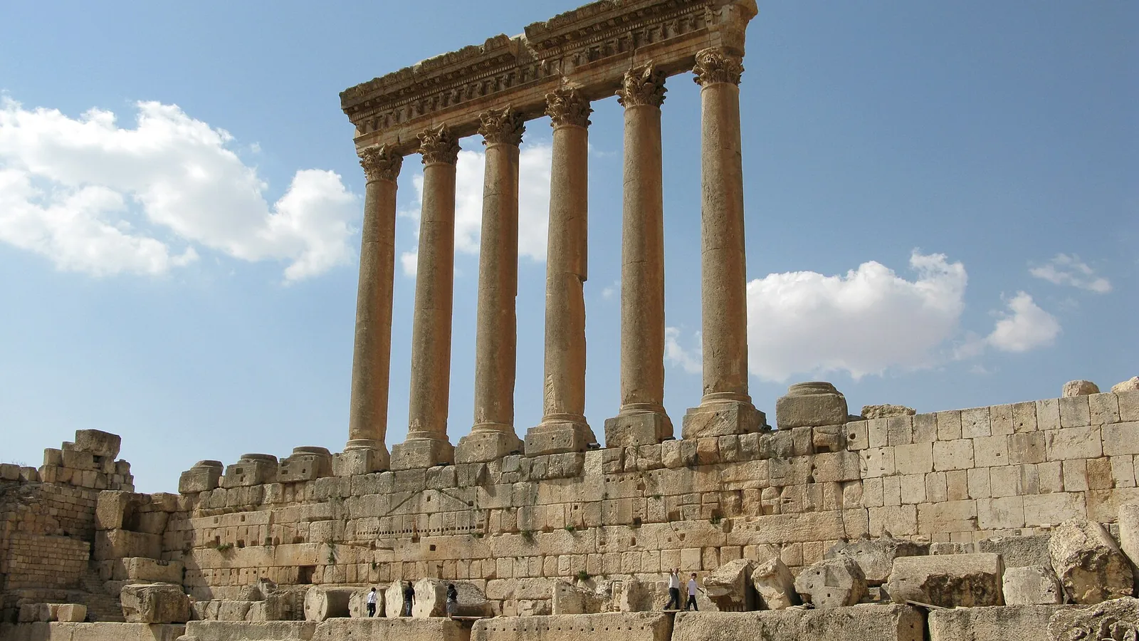 The giant columns of the Temple of Jupiter at Baalbek against the sky