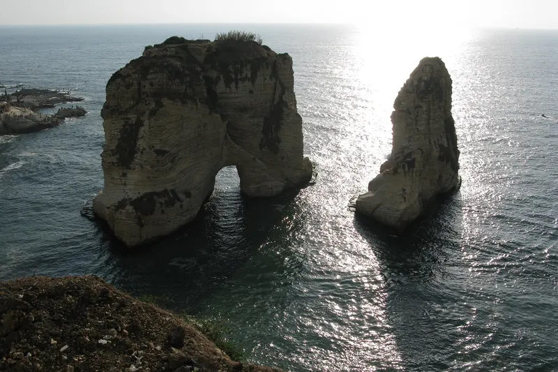 The Pigeon Rocks of Raouche rising from the sea off Beirut