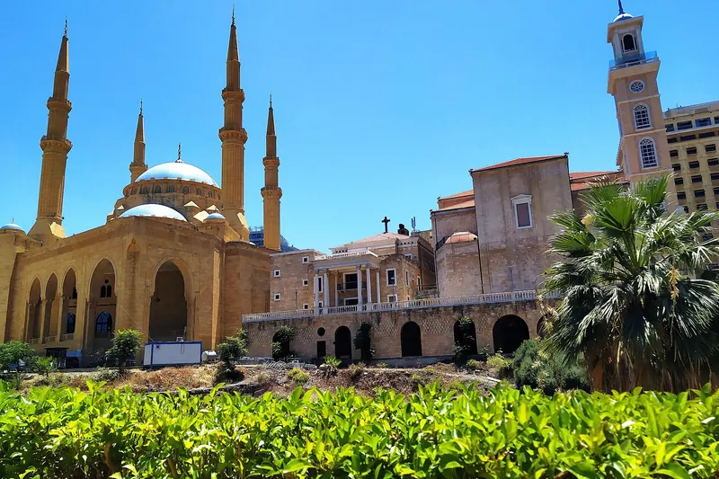 The blue-domed Mohammad Al-Amin Mosque beside St George Maronite Cathedral in downtown Beirut