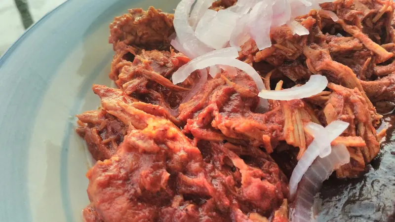 Cochinita pibil, pork slow-cooked in achiote, on a tortilla