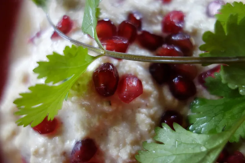 Poblano chiles stuffed with meat and fruit under a white walnut sauce and pomegranate seeds