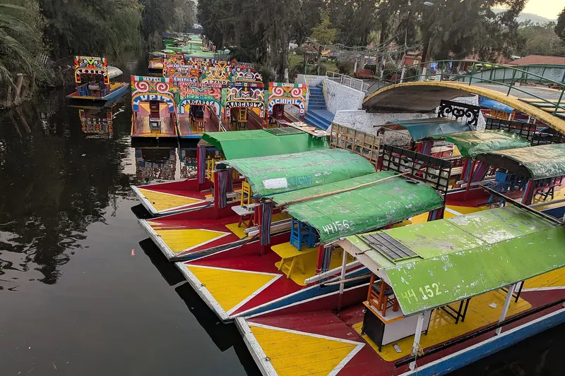 Colourful trajinera boats on the canals of Xochimilco