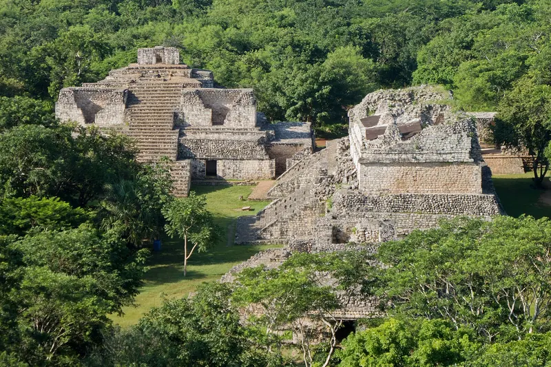 The main pyramid and stucco facade at the Maya site of Ek Balam