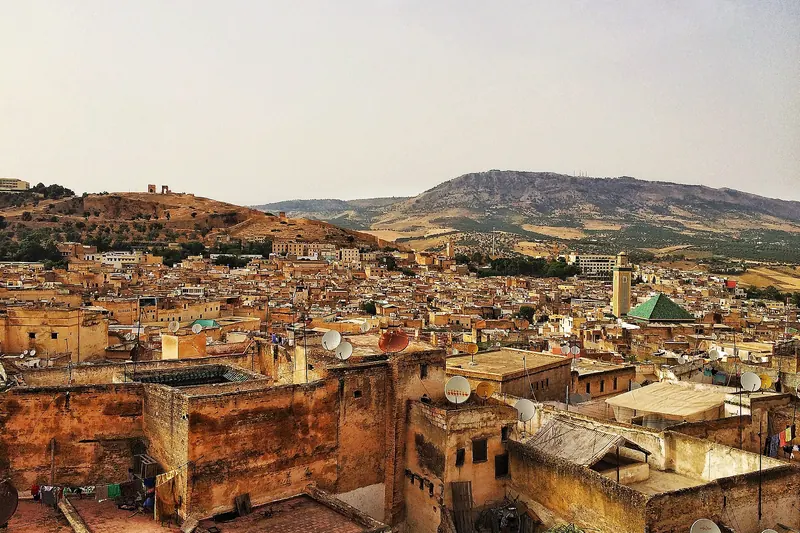 The rooftops and minarets of the medina of Fes seen from above