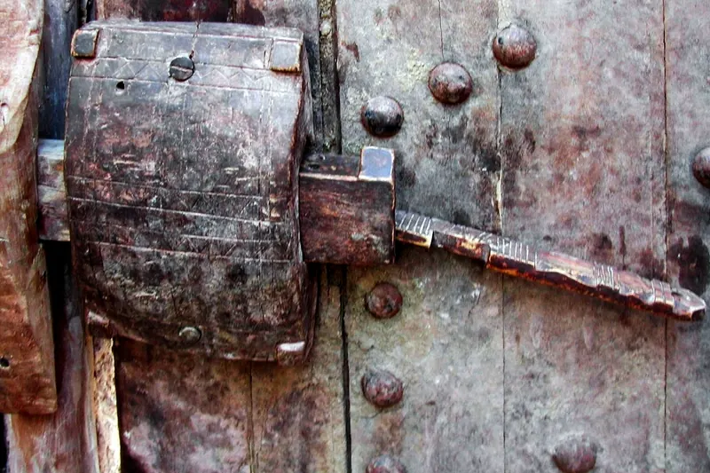 A traditional wooden lock on a door in the ksar of Aït Benhaddou