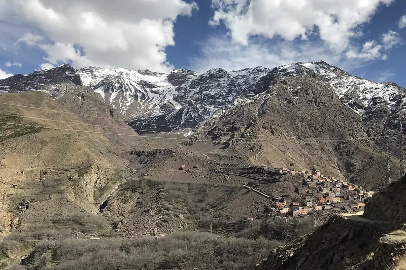 The Imlil valley in the High Atlas with the trail leading toward Jebel Toubkal