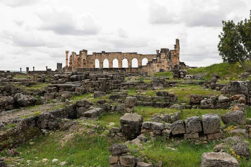 The Roman ruins of Volubilis with columns and the surrounding olive plain