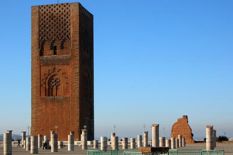 The unfinished red-sandstone Hassan Tower and rows of columns in Rabat