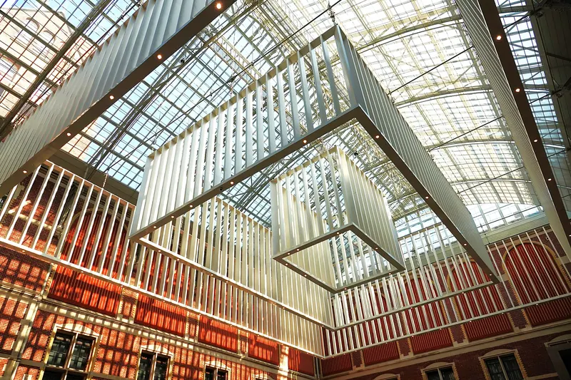 The glass-roofed atrium of the Rijksmuseum in Amsterdam