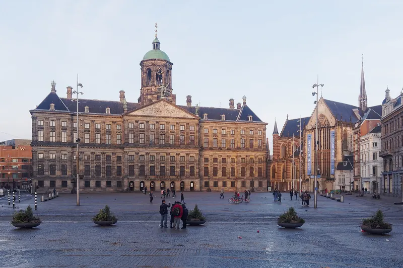 Dam Square in Amsterdam with the Royal Palace and Nieuwe Kerk