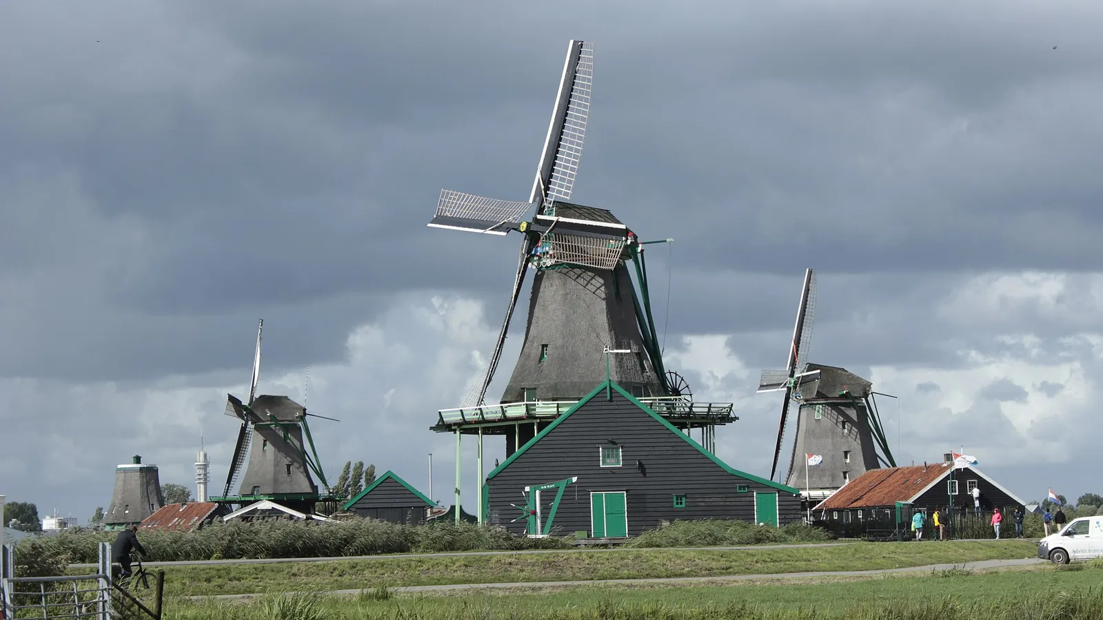Historic windmills standing along the Zaan river at Zaanse Schans