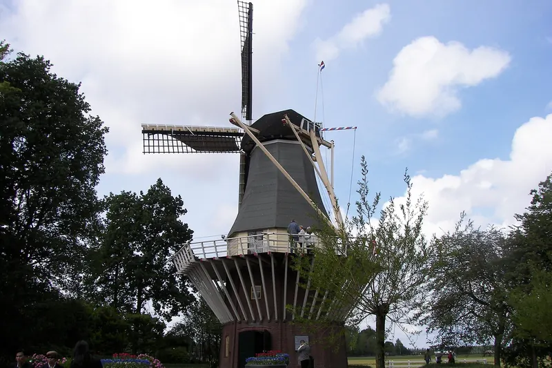 A traditional windmill overlooking the tulip fields at Keukenhof