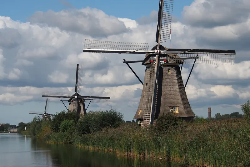 A windmill beside the polder waterways at Kinderdijk
