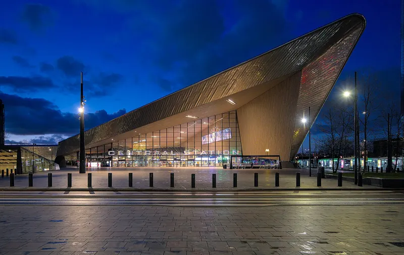The angular modern facade of Rotterdam Centraal railway station