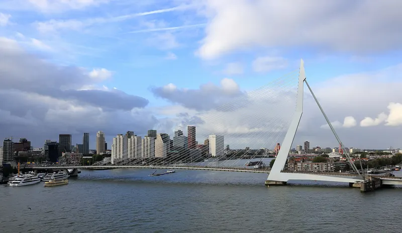 The Erasmusbrug, Rotterdam's cable-stayed 'Swan' bridge, at dusk