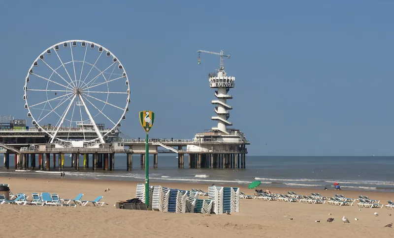 Scheveningen Pier extending into the North Sea at The Hague's beach district