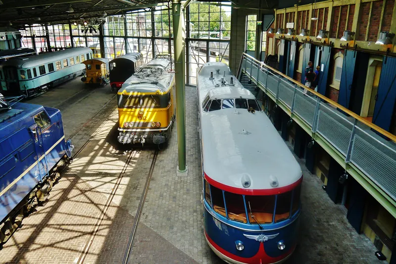Historic locomotives on display inside Utrecht's Railway Museum