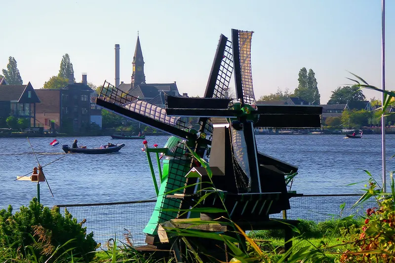 Traditional green-painted wooden houses at Zaanse Schans