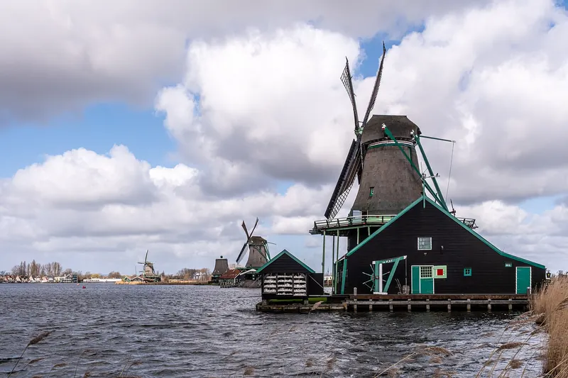 A wide view of the windmills and river at Zaanse Schans