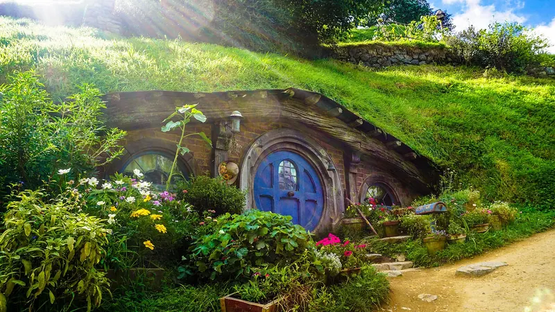 The hobbit holes of the Hobbiton movie set near Matamata