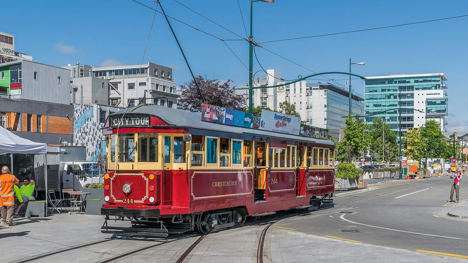 A historic tram passing through Cathedral Square in central Christchurch