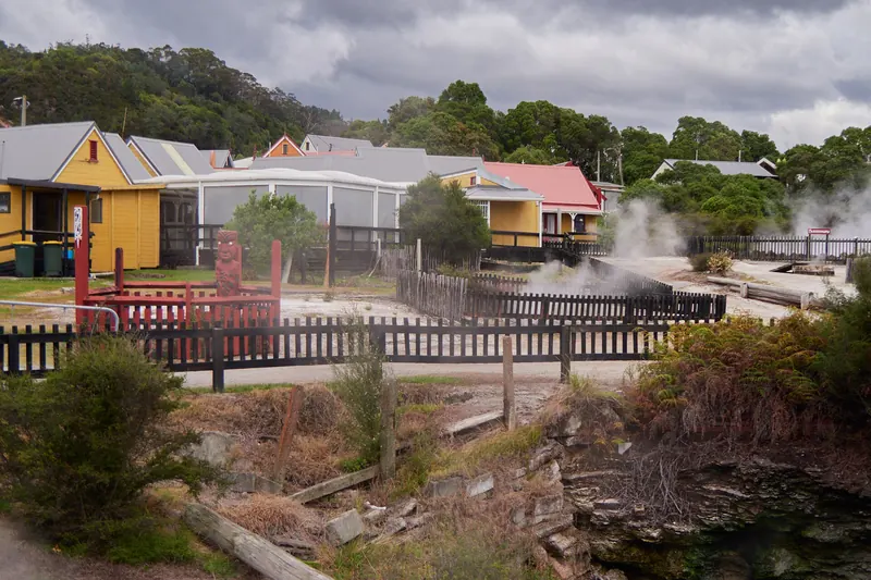 The Whakarewarewa living Maori village, built among active geothermal features