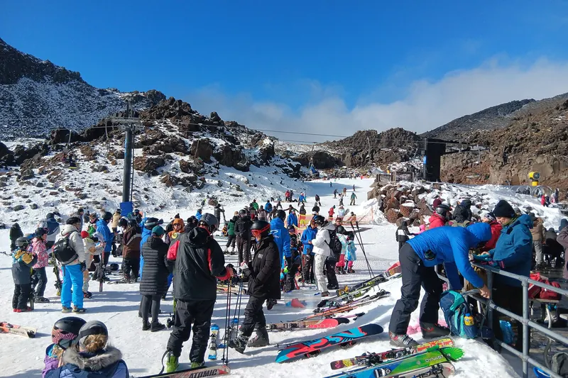 Skiers on the Whakapapa ski field on Mount Ruapehu