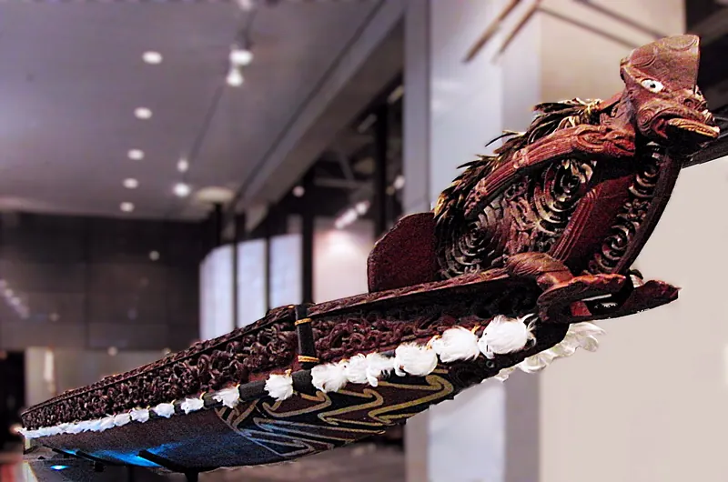 A traditional Maori waka (canoe) on display at Te Papa Tongarewa museum