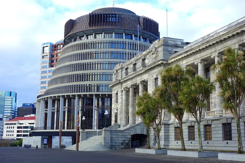 The distinctive rounded Beehive building beside Parliament House in Wellington