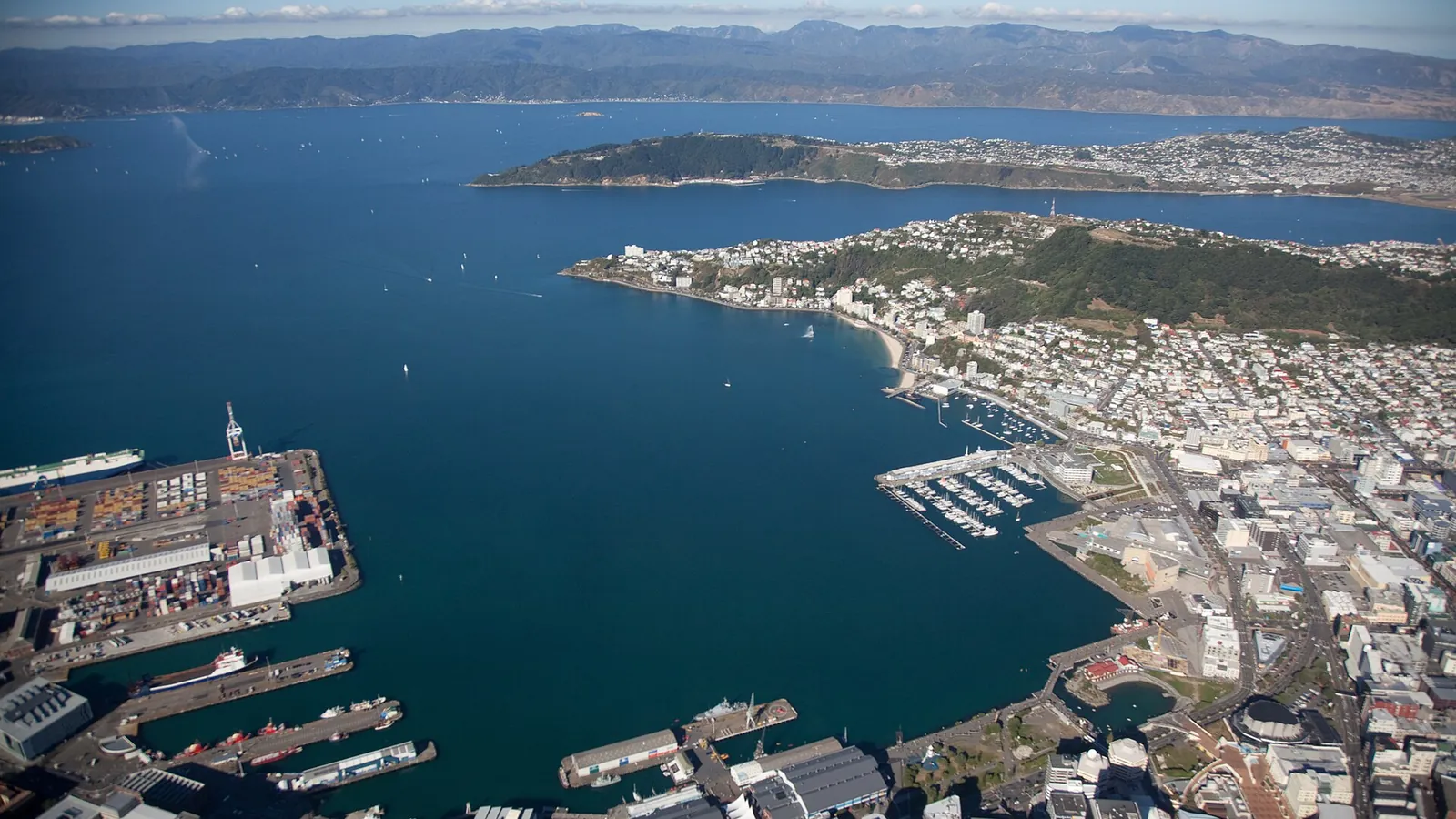 Wellington's waterfront along Lambton Harbour, backed by hillside houses