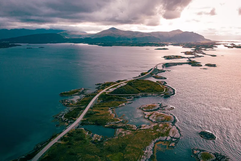 The Atlantic Road winding across small islands and bridges in Norway