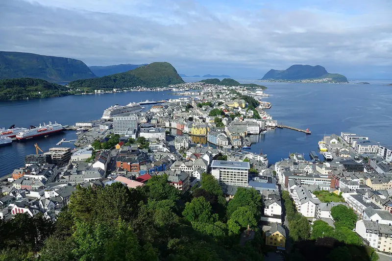 Ålesund's Art Nouveau rooftops seen from the Aksla viewpoint
