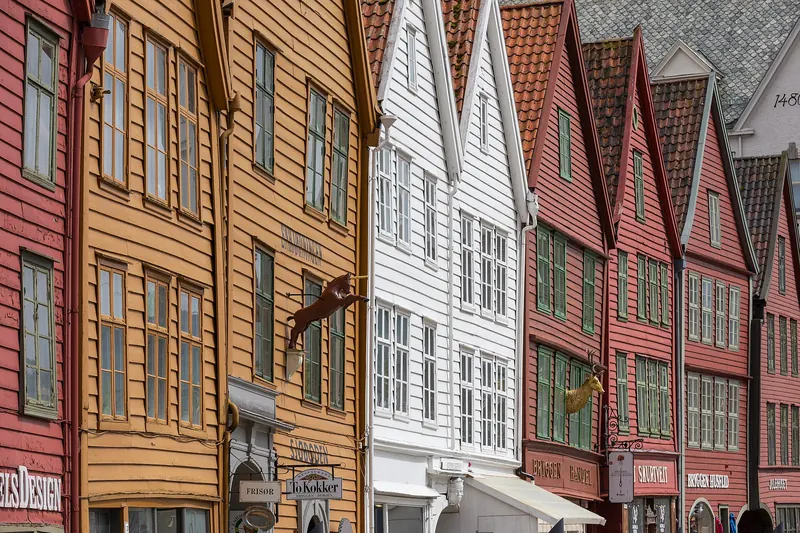 The tilted, colourful wooden facades of Bryggen wharf