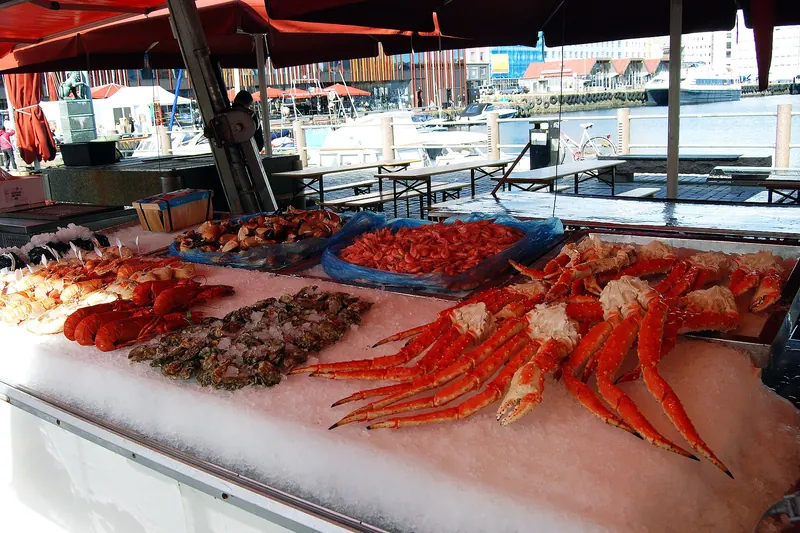 Fresh seafood stalls at Bergen's harbourside fish market